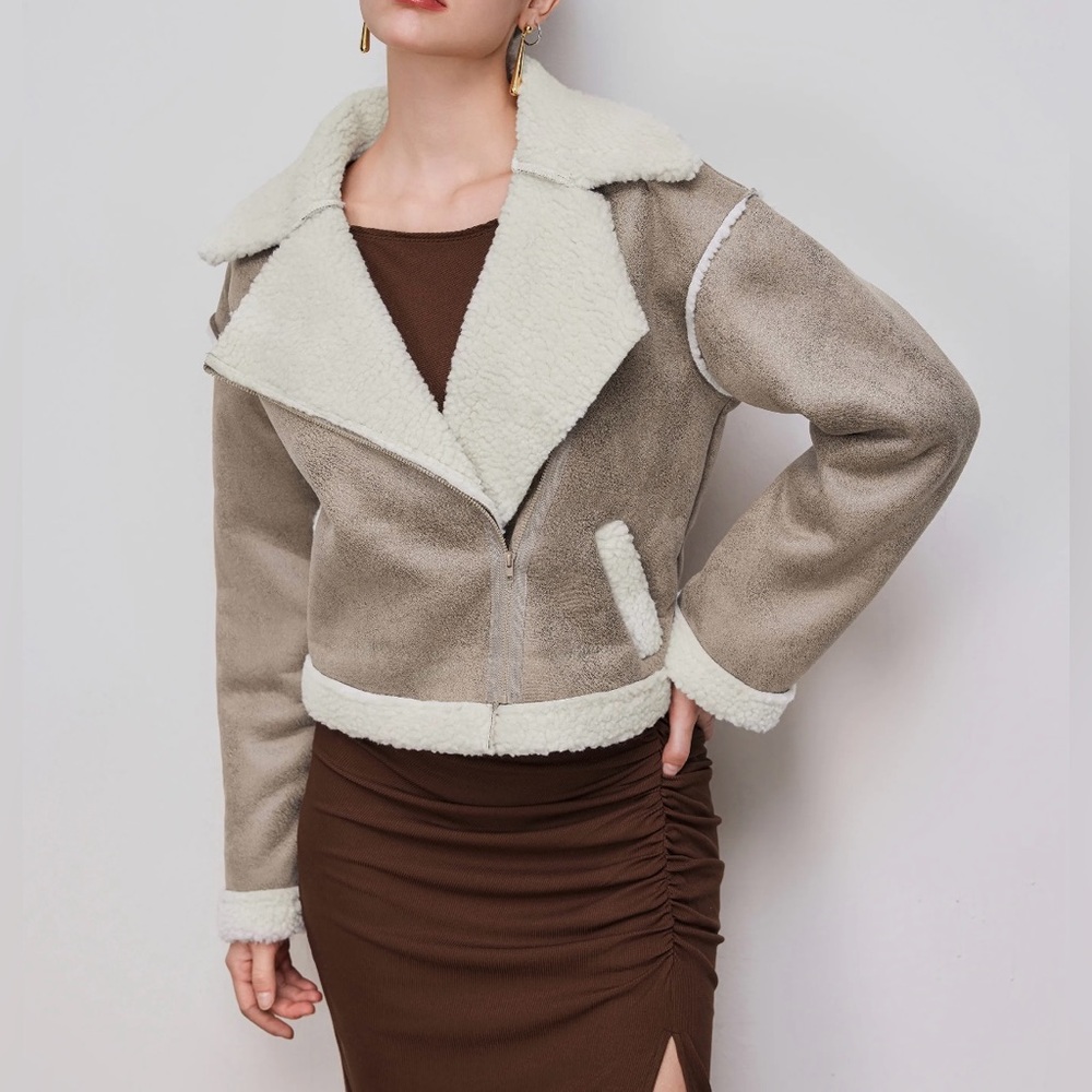 🟠NWT CIDER Faux Suede/Sherpa Oversized Biker Jacket in Taupe